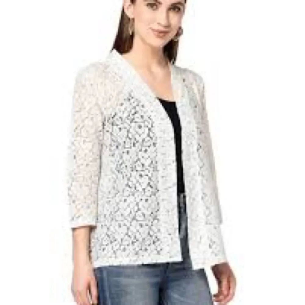 Toofan White Lace Cardigan Open Front Jacket delicate floral pattern